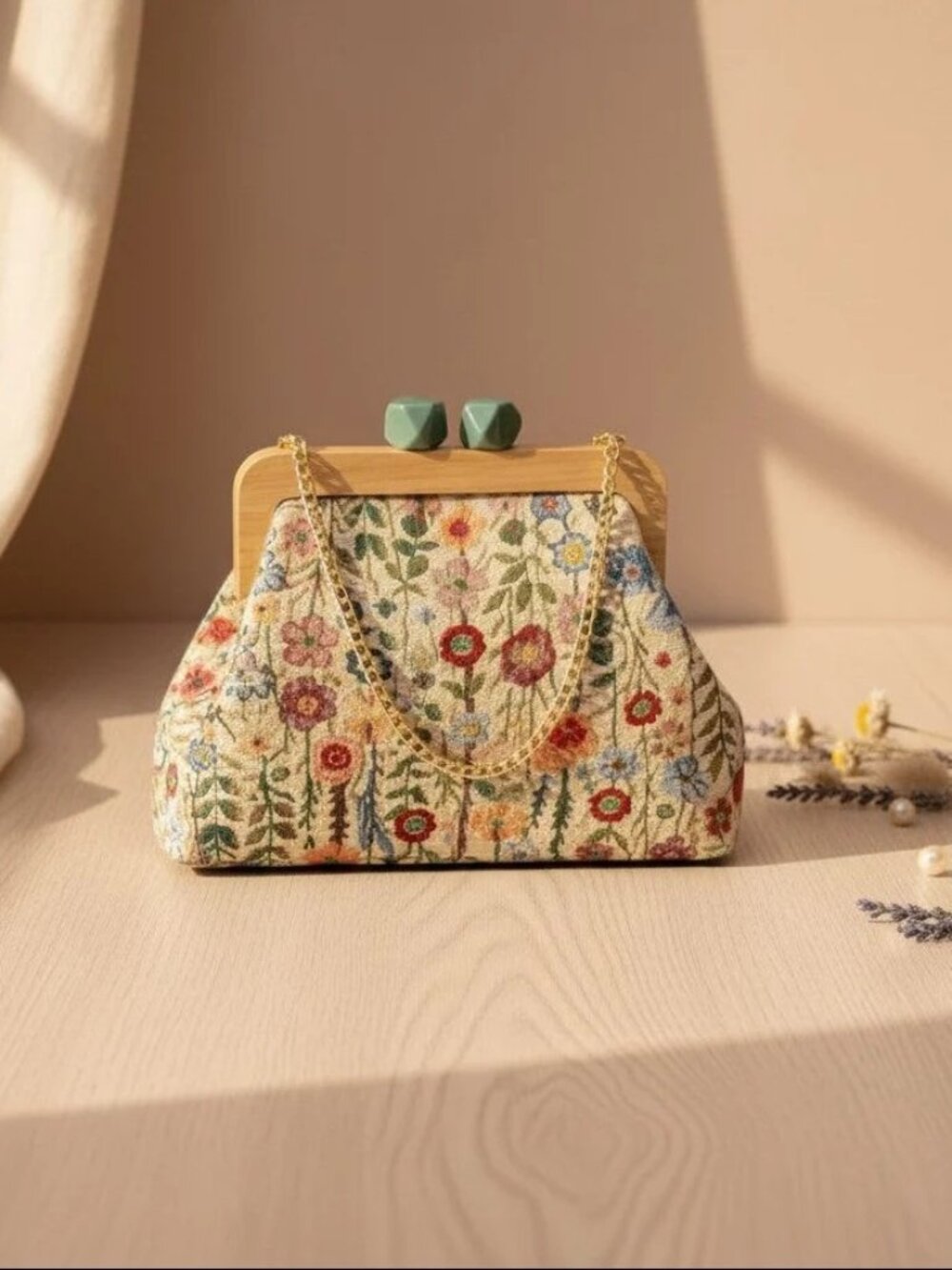 Vintage Floral Wood Frame Clutch Handbag